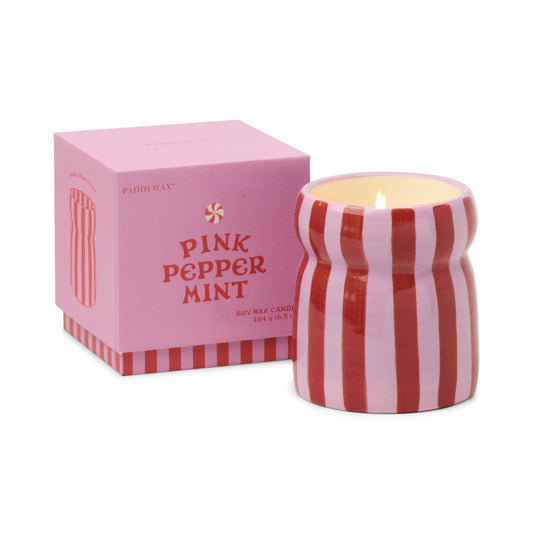 Red/Pink Striped Ceramic Candle - Pink Peppermint