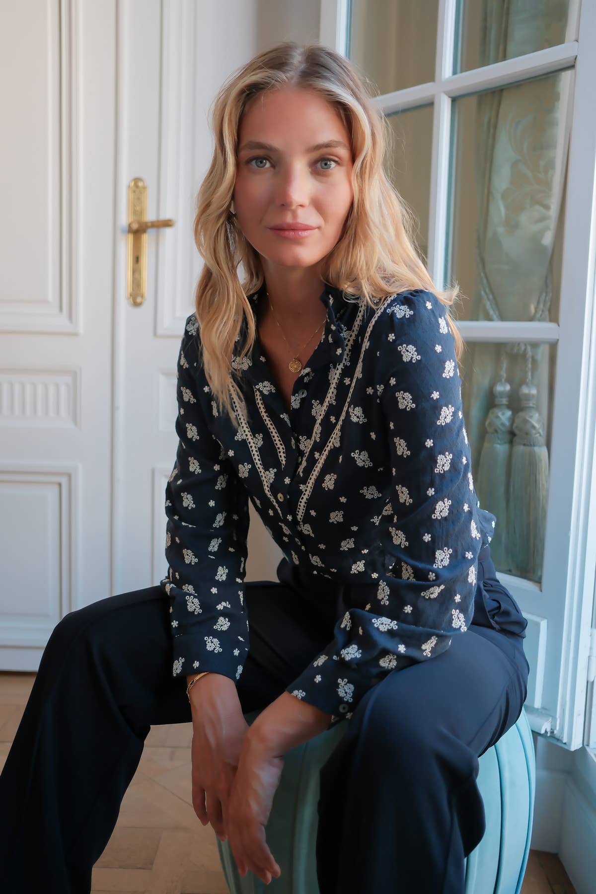 Molly Blouse with Embroidery - Navy
