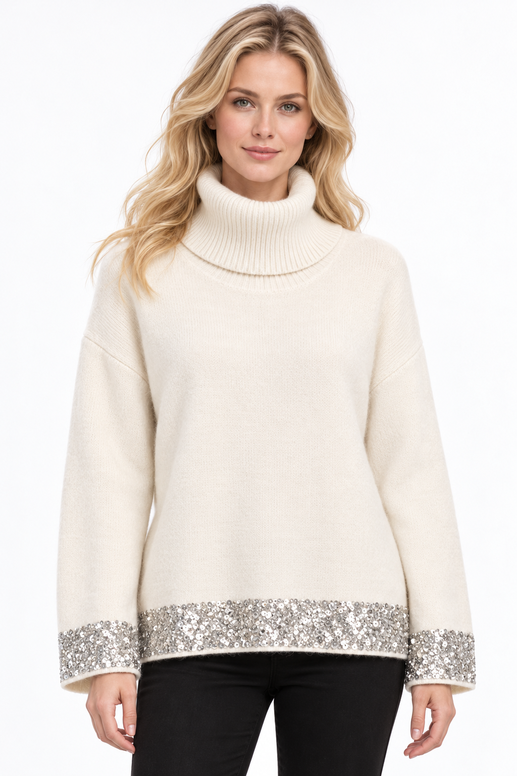 Sequin Trim Roll Neck Jumper - Cream