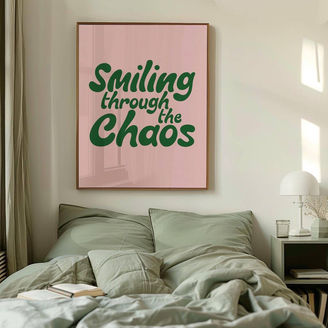 Smiling through the chaos cute pink and green print poster: A4