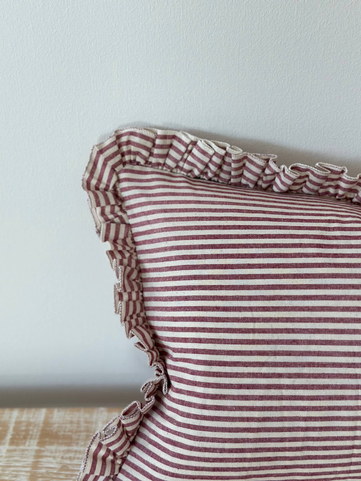 Darcy Ruffle Stripe Cushion – Burgundy Stripe