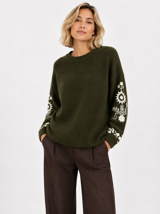 Knitted Jumper with Floral Embroidery Sleeves - Khaki