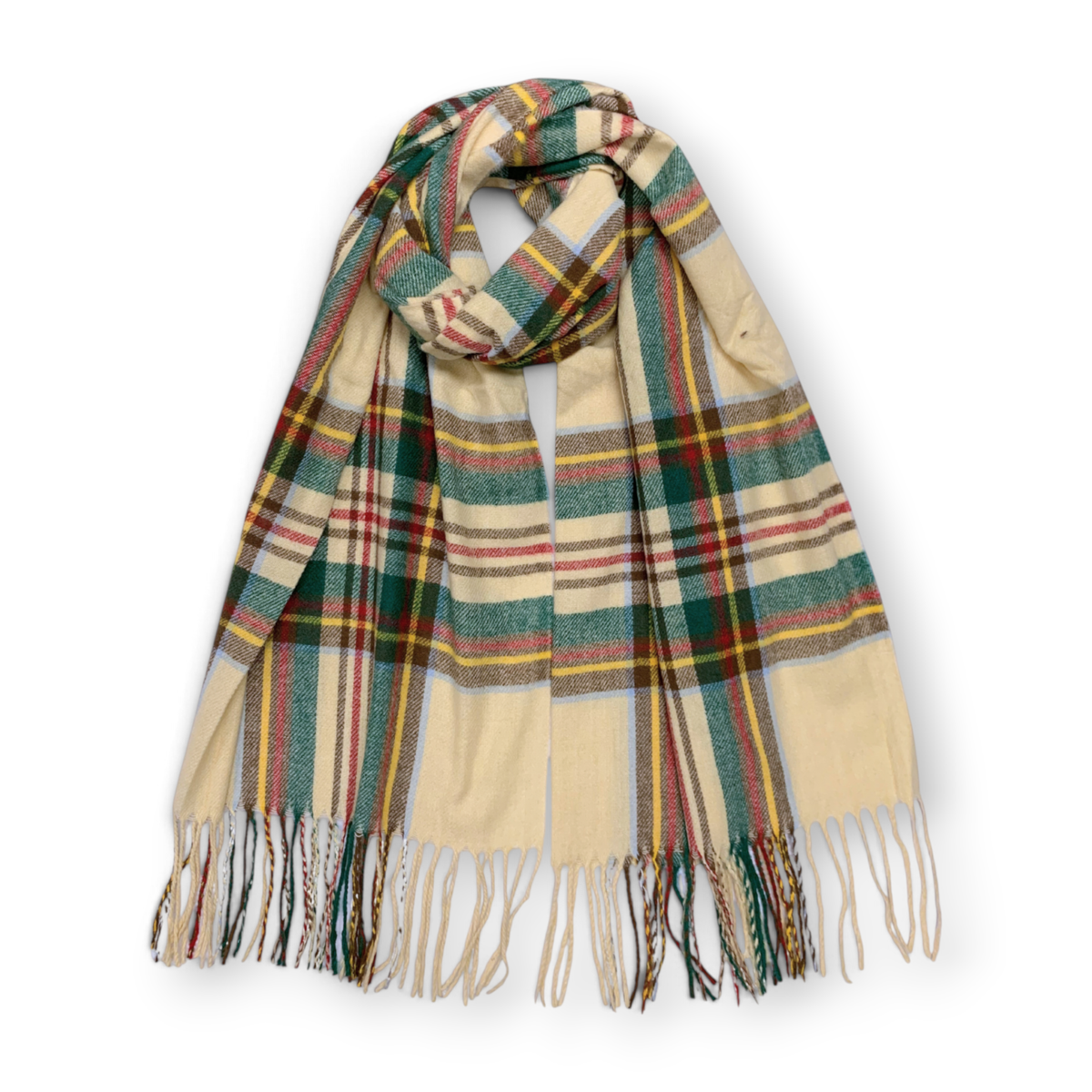 Tartan Plaid Wool Blend Scarf - Cream