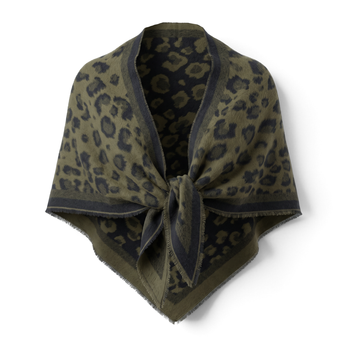 Leopard Reversible Triangle Wool Blend Scarf - Khaki