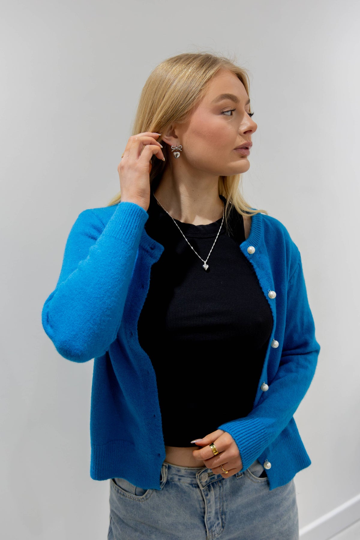 Pearl Button Cardigan in French Blue