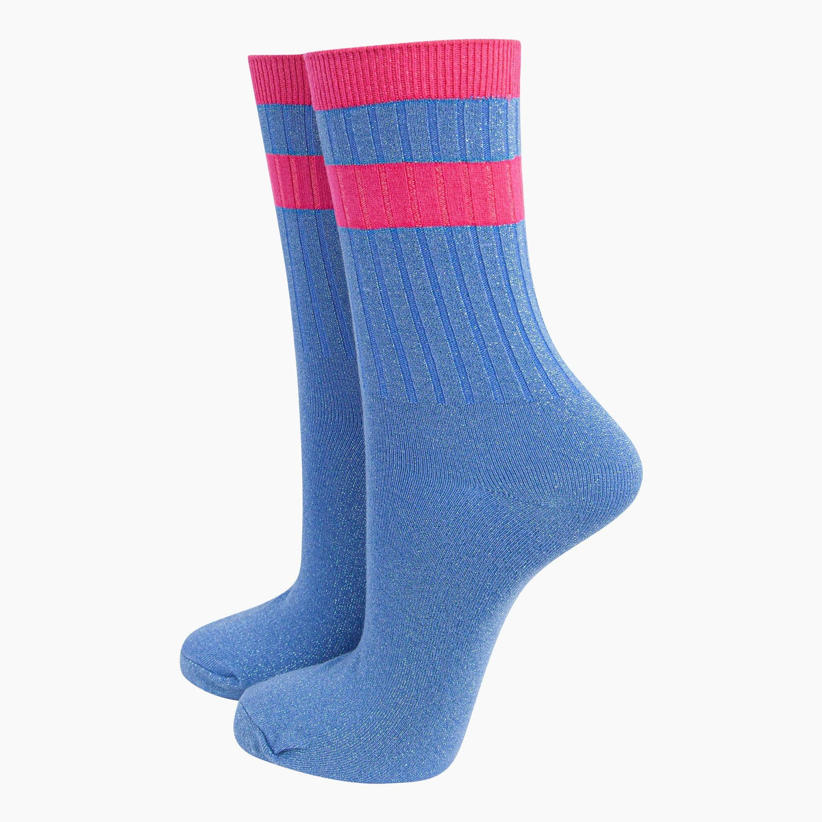 Striped Cuff Ribbed Cotton Glitter Socks in Blue/Pink