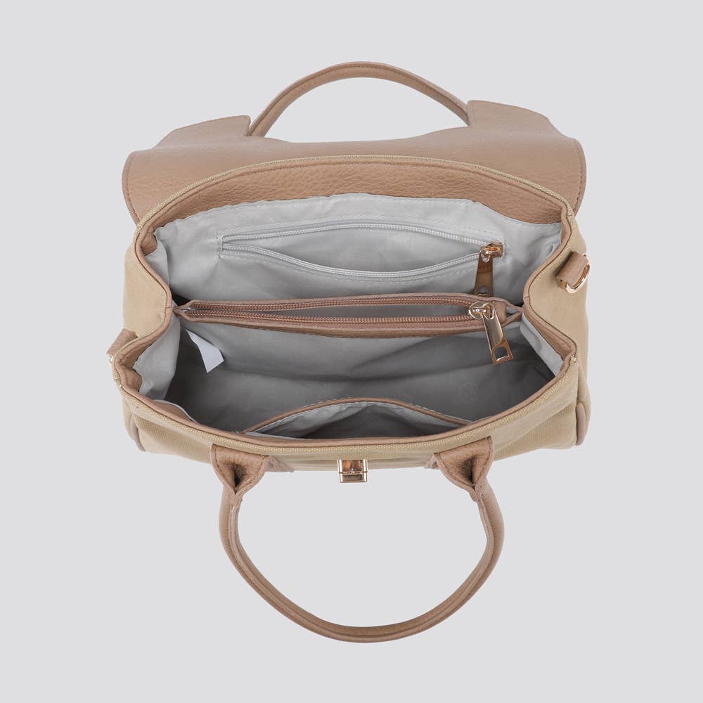 Vegan Leather and Canvas Tote Bag -  Khaki