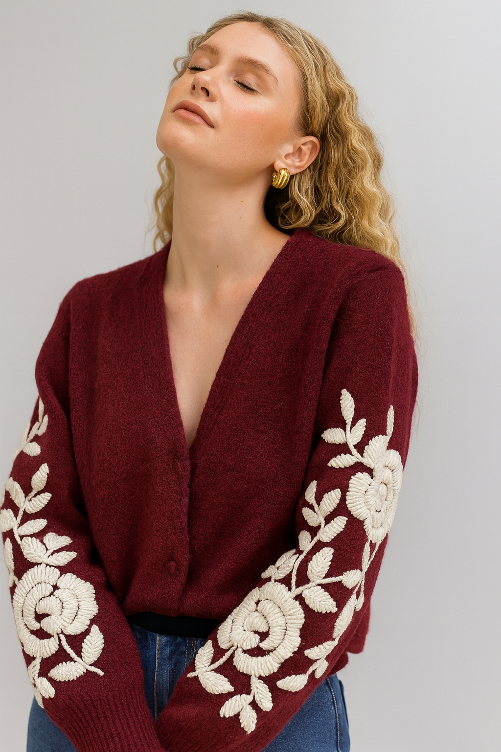 Floral Embroidered Cardigan - Bordeaux